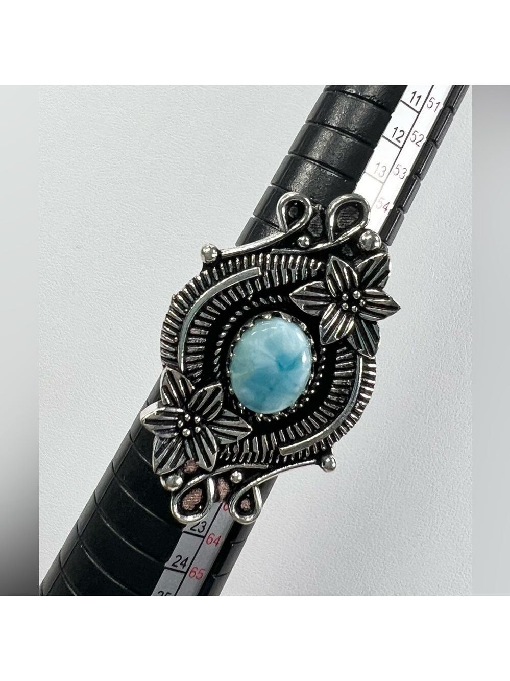 Larimar 925 Large Floral Design Gemstone Ring size 8.75